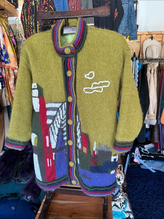 Bell rose Sweaters - Vintage Olive Green Scenic Knit Button-Front Sweater Jacket